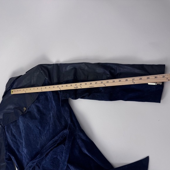IMAN Trench Coat Women XL Navy Blue Genuine Leather Suede Mixed Media Belted - Picture 13 of 14